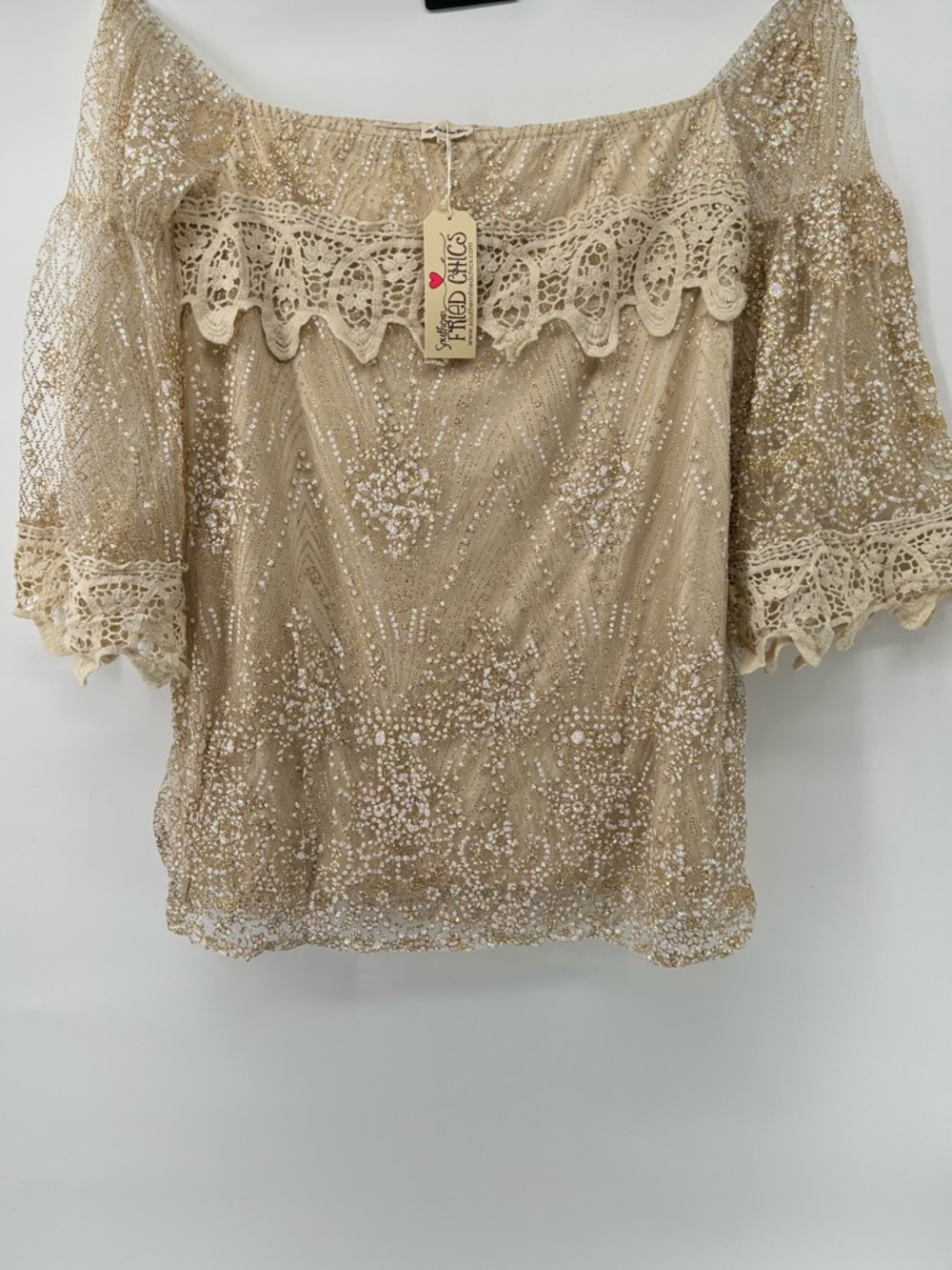 Southern Fried Chics off the shoulder Top  Women's Sz XXL NWT Glitter, Lace Boho